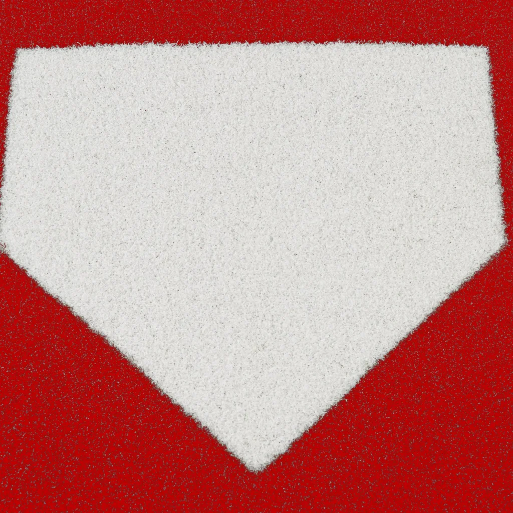 Red baseball turf practice mat featuring large white home plate marking