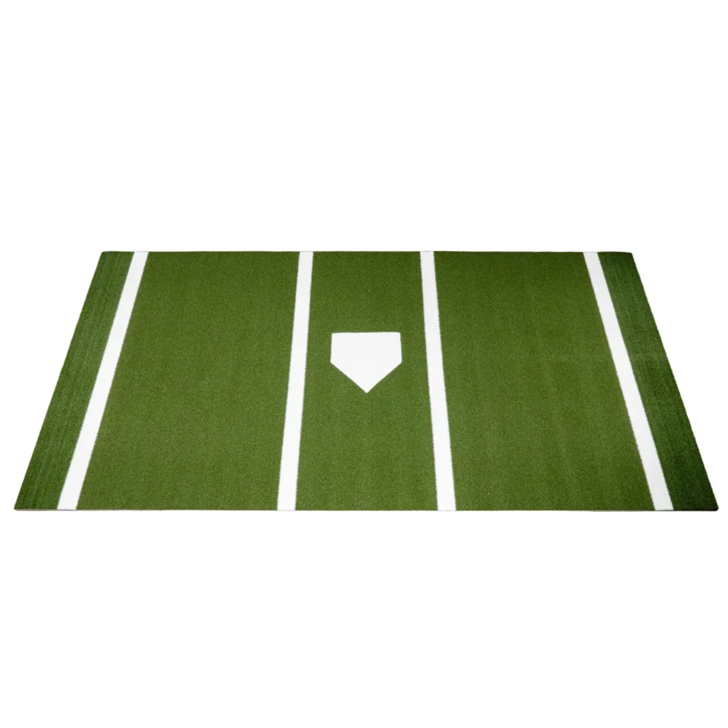 Green baseball hitting mat with white parallel lines and home plate outline