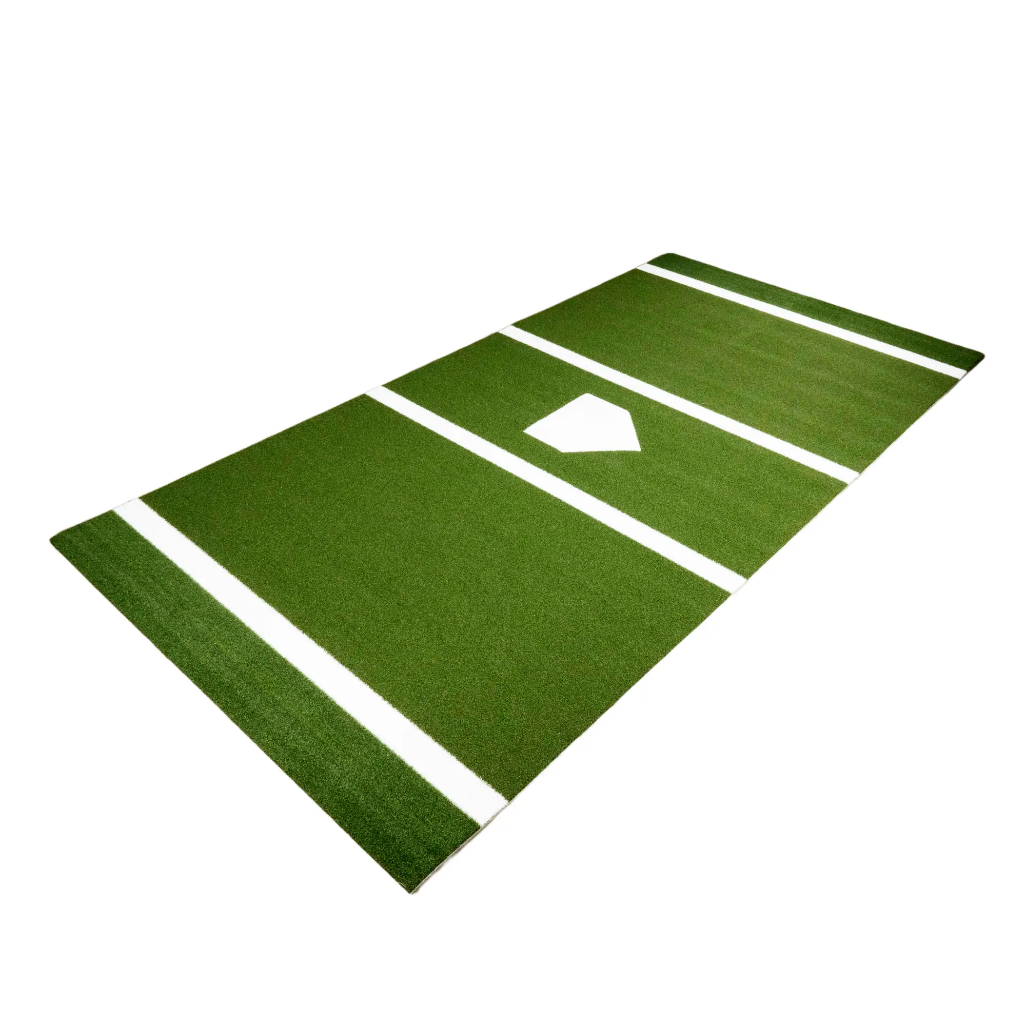 Angled green baseball hitting mat with white batter box and plate markings