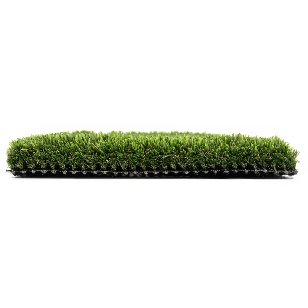Side profile of thick green nylon artificial grass with dark backing