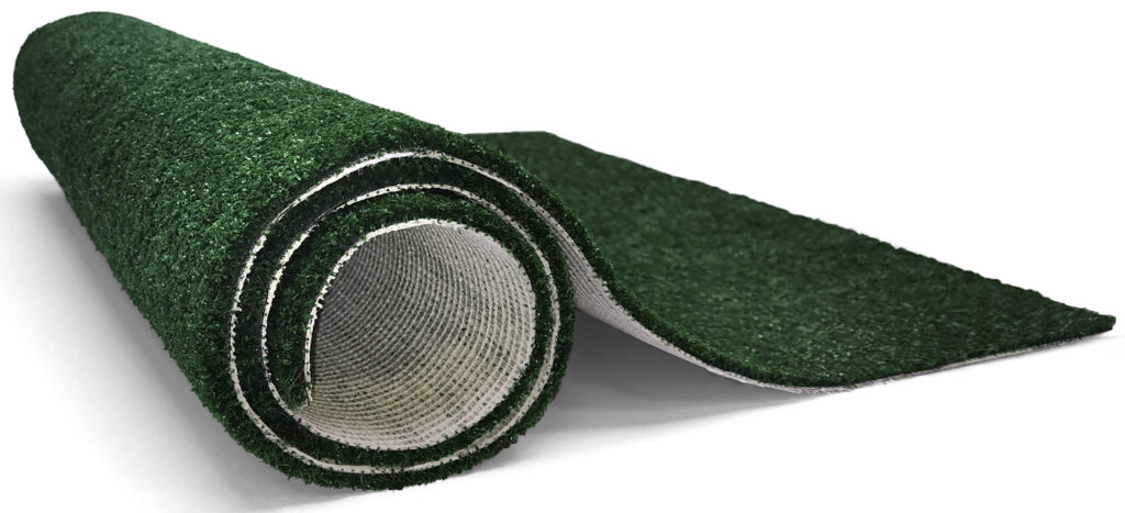 Green synthetic turf roll partially unrolled to reveal its underside.